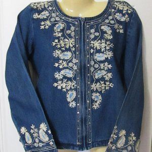 Women's Blue Denim Embroidered Jacket - Size M - Zip-Up Front Long Sleeve